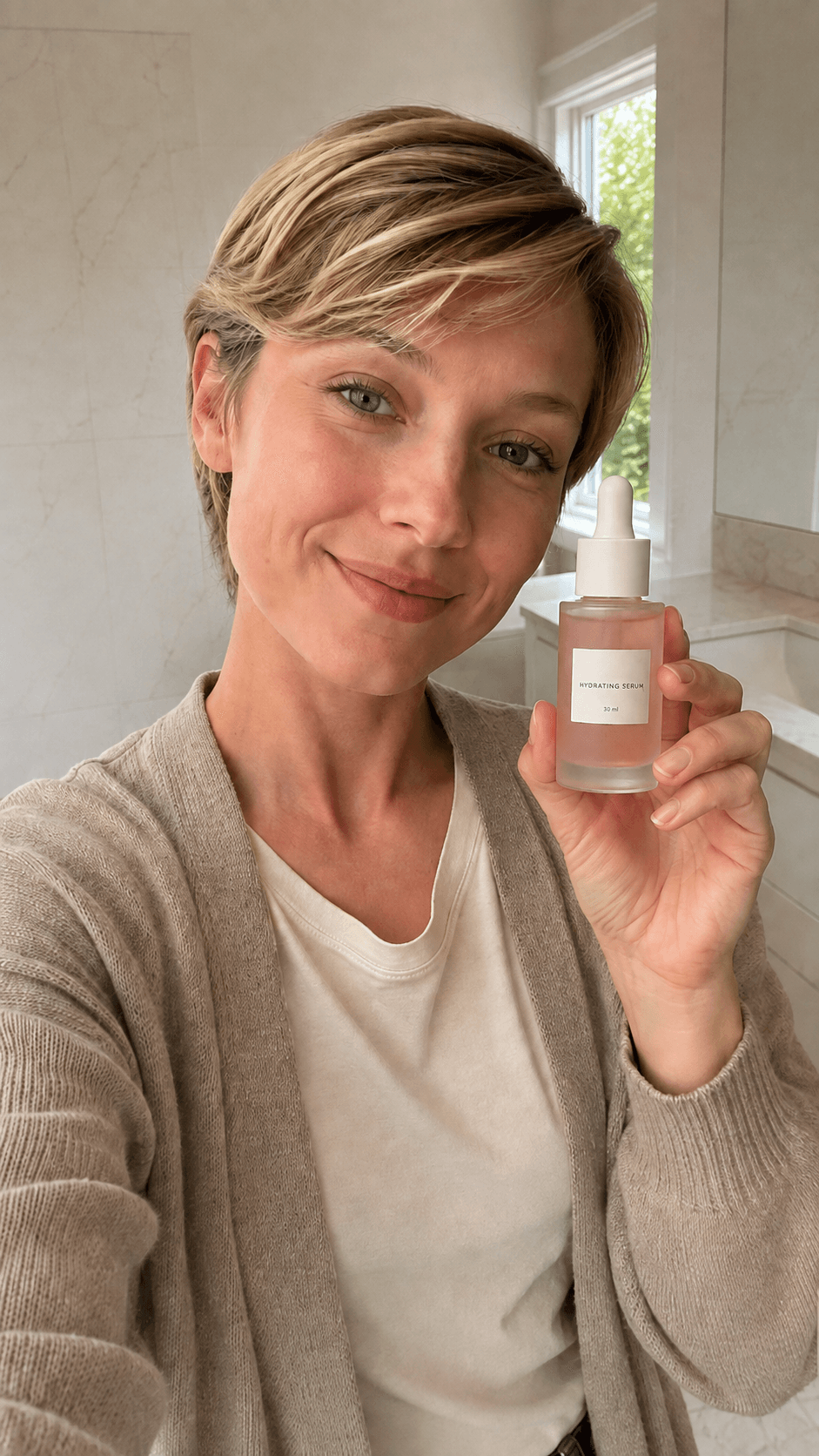 Approved first frame of Camille holding the hydrating serum