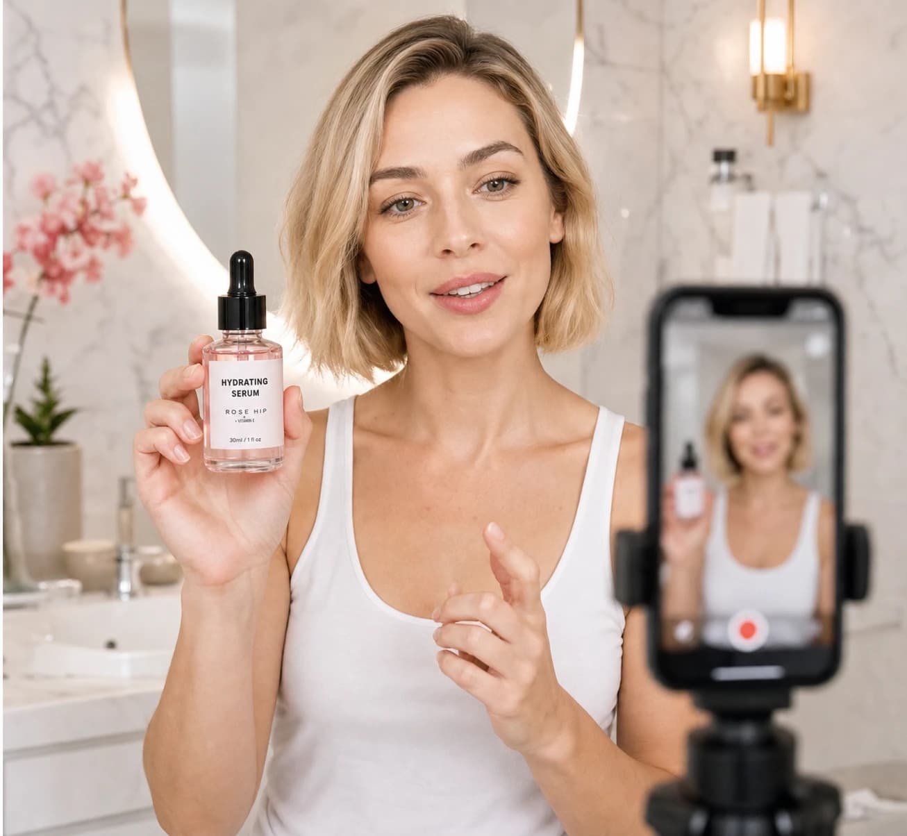 A creator recording a hydrating serum product video with a phone